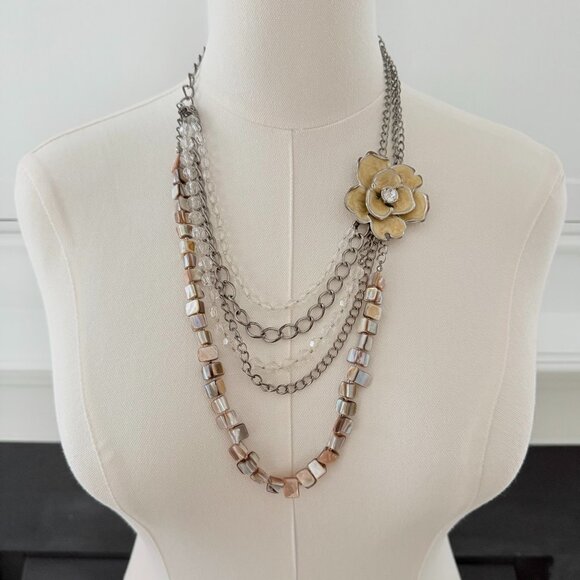 🌼✨ Layered Statement Necklace – Multi-Strand Chains, Crystals & Shell Beads - Picture 1 of 12